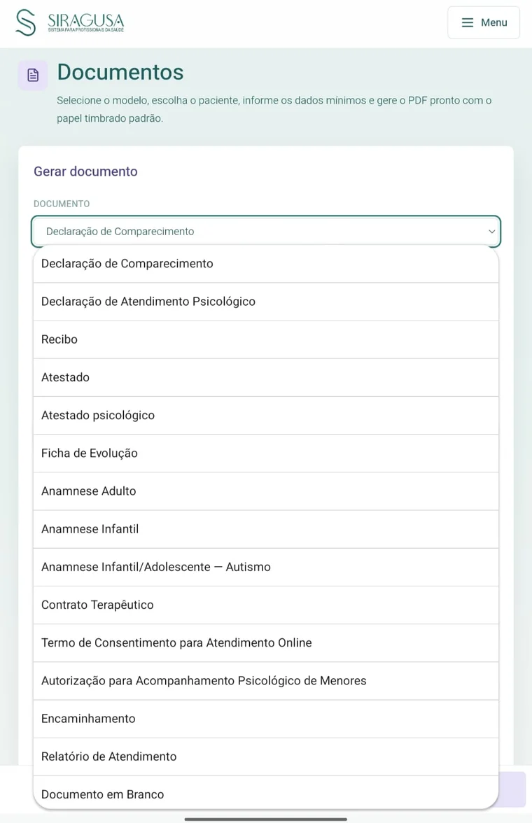 Tela de Documentos do Siragusa